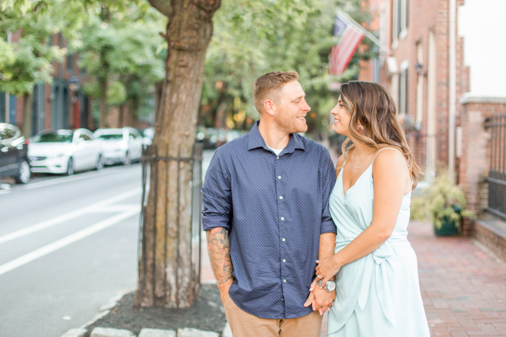 light and airy city engagement photos