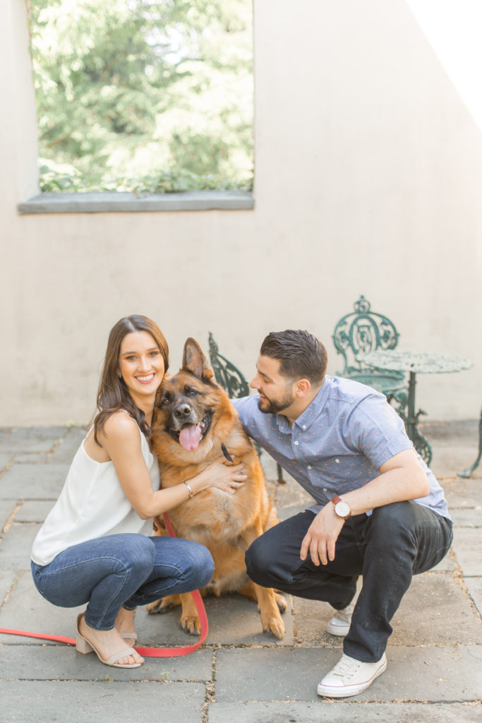 dog with couple light and airy engagement photo
