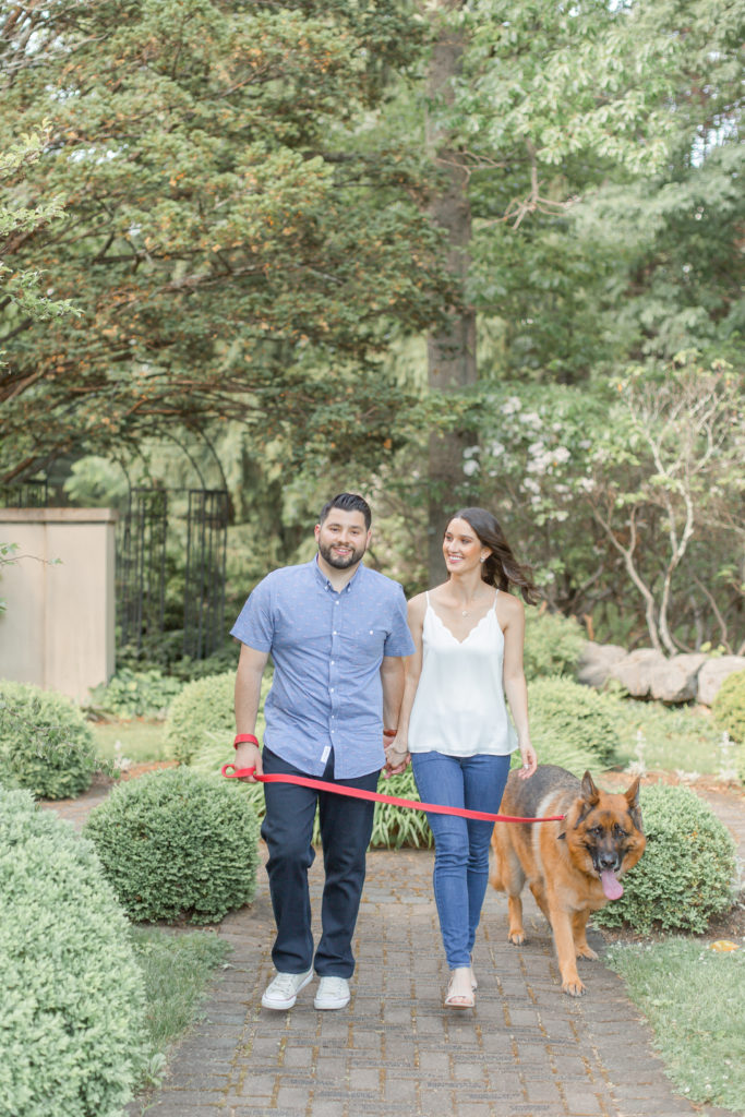 couple walking with dog engagement photo