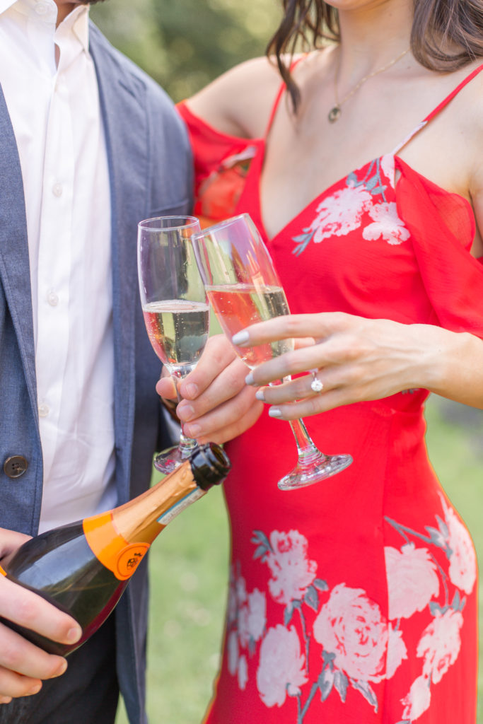 champagne glasses engagement photo