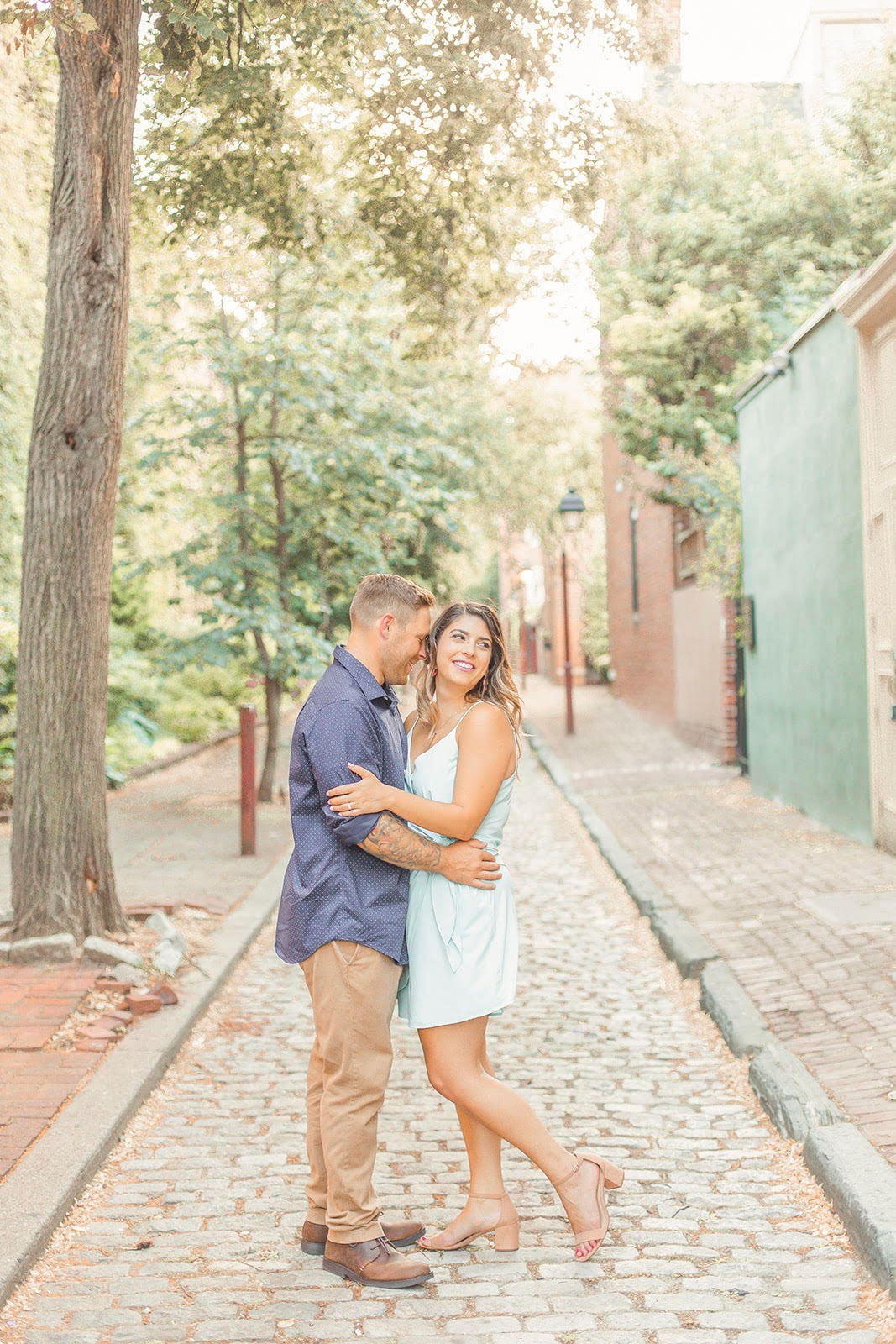 philly cobblestone light and airy engagement photo