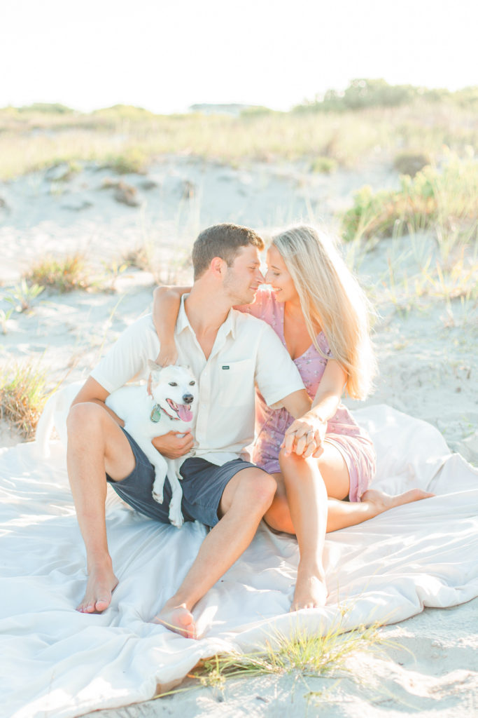 long each island engagement session with dog on the beach photos