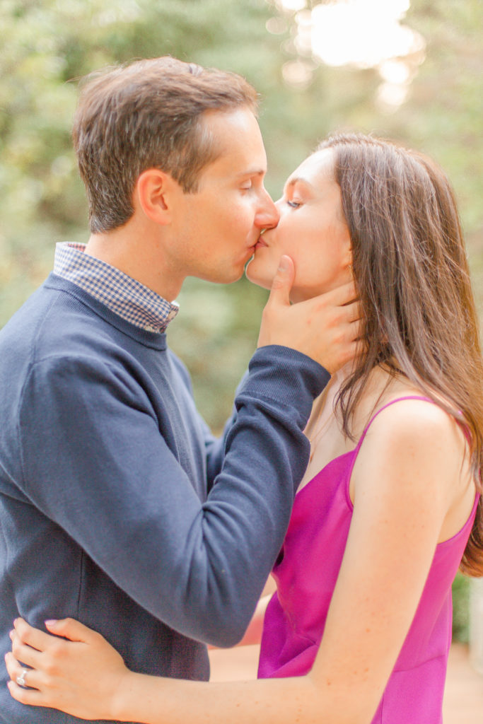 brunette in purple dress from anthropologie engagement photos