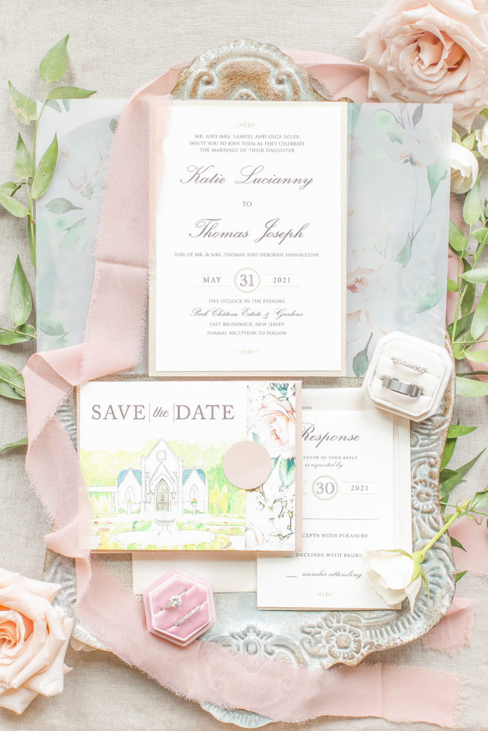 light and airy new jersey wedding photography of invitation suite flatlay