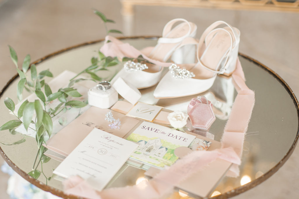 brides shoes, rings, and invitations detail shots flay lay light and airy wedding photography in new jersey